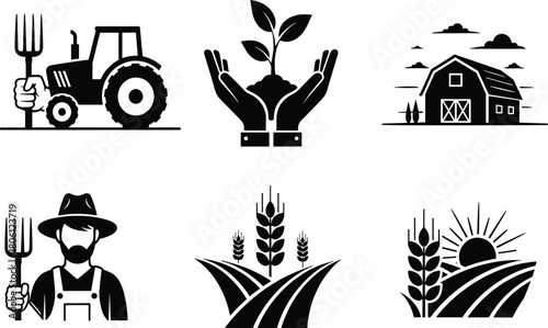 Farming vector icons, tractor, barn, field, farmer, plant growth, agriculture tools, rural landscape, black and white clipart, illustration