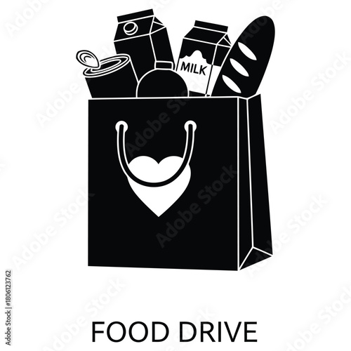 A simple black and white illustration of a paper bag filled with groceries