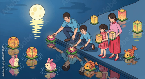 Mid-Autumn Reverie: A family releasing floating lanterns on the water's surface beneath the radiant glow of the full moon during Mid-Autumn Festival, embracing tradition, joy and reflection.