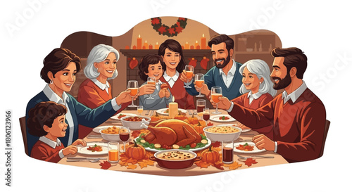Thanksgiving Family Toast: A heartwarming gathering of family members, sharing a festive meal and raising glasses in a joyful toast, celebrating the spirit of togetherness.