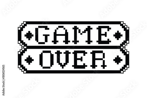 Black and white pixel art displays the words Game Over on stacked banners