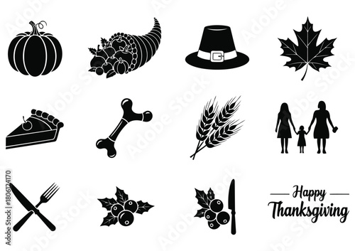 Thanksgiving themed icons including food harvest and pilgrim silhouettes