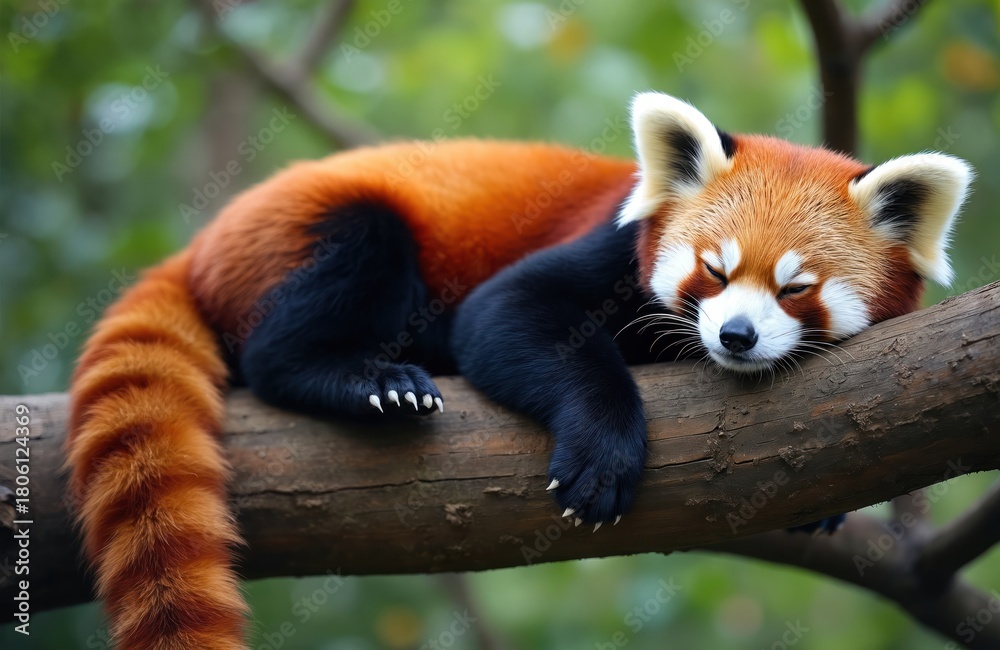 Naklejka premium Cute red panda sleeps soundly on thick tree branch. Its bright orange fur, black limbs, ringed tail are visible. This furry wild animal rests peacefully in its natural habitat during day in summer.