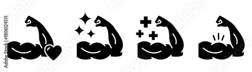 Strong hand line icon set. Muscle arm logo, label, badge, symbol, love, strength, bicep, power, protein, man, flex, strong bone calcium, human body concept. Vector illustration.