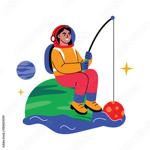 Planet Fishing Flat Vector Illustration EPS 10 File