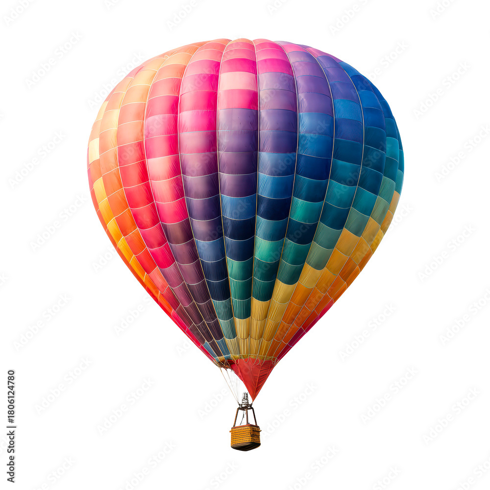 Naklejka premium Multi colored hot air balloon floating isolated on white background on a transparent background, cut out