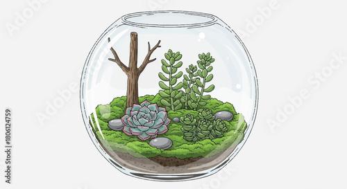 Detailed Vector Illustration of a Glass Dome Terrarium with Small Tree, Succulents, and Dried Branches