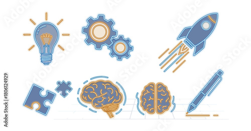 Conceptual graphic elements of innovation and creativity on white background