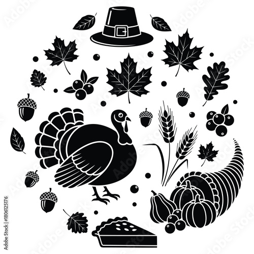 Thanksgiving day elements turkey leaves cornucopia and autumn harvest design