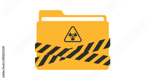 Restricted access file with radiation hazard symbol and yellow caution tape, signaling danger and restricted information, ideal for sensitive data concepts