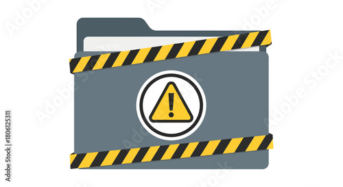Urgent data breach warning with caution tape around file folder, cybersecurity threat alert for digital security vulnerability and confidential data risk