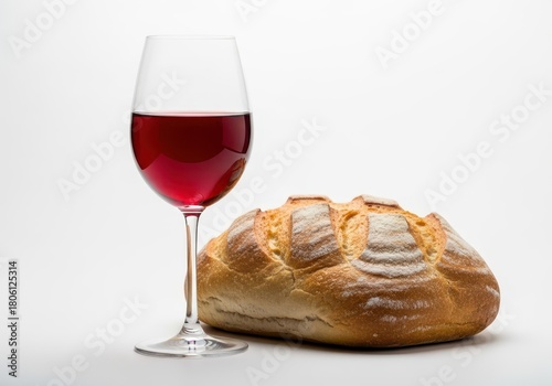 Loaf of bread and glass of red wine isolated on white background, symbolizing communion, eucharist, or the last supper in christian tradition