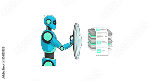 Automated accounting solutions with a robot managing financial documents and digital dashboards for streamlined data analysis and reporting process