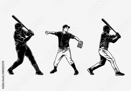 Dynamic Baseball Player Action Silhouette Vector Set - Sports Graphic