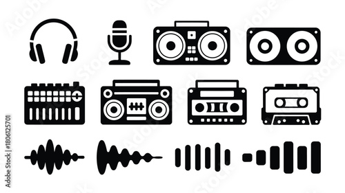 Retro music icons in black and white for a cool vintage vibe, perfect for music lovers, DJs, or anyone who appreciates classic audio equipment!