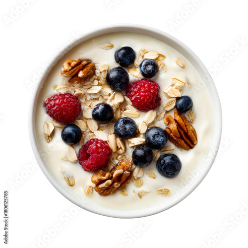 Bowl of yogurt with berries, nuts, and oats overhead view on a transparent background, cut out