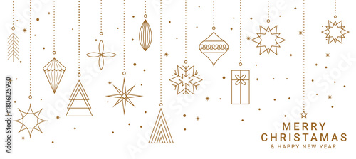 Elegant Christmas greeting card with hanging gold ornaments, modern festive decorations illustration