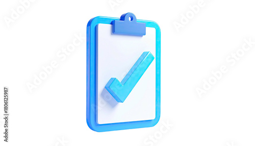Blue clipboard with white paper and a teal checkmark