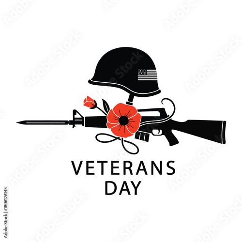 A solemn remembrance helmet rifle poppies and veterans day inscription