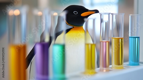Stuffed penguin in a science lab with colorful test tubes