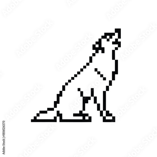 Pixel art depicts a simplified black and white wolf howling upwards on a white background