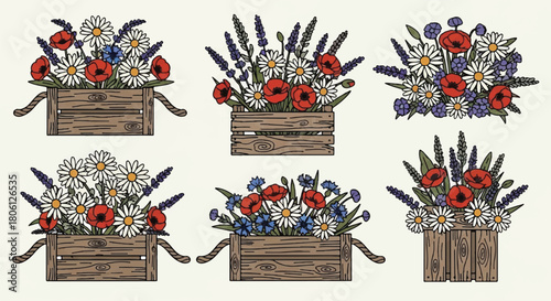 Seamless Repeating Pattern of Wildflowers, Poppies, and Lavender in Rustic Wooden Crates Vector Illustration