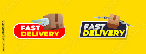Fast delivery label or sign vector illustration, cardboard 3d sticker for product promotion and sale discount