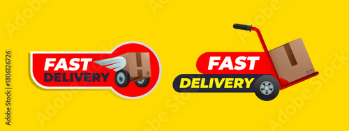 Fast delivery label or sign vector illustration, cardboard 3d sticker for product promotion and sale discount