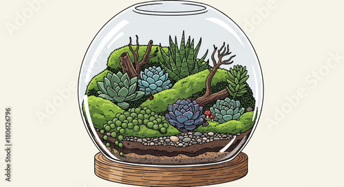 Detailed Vector Illustration of a Glass Bowl Terrarium with Succulents, Moss, and Sand
