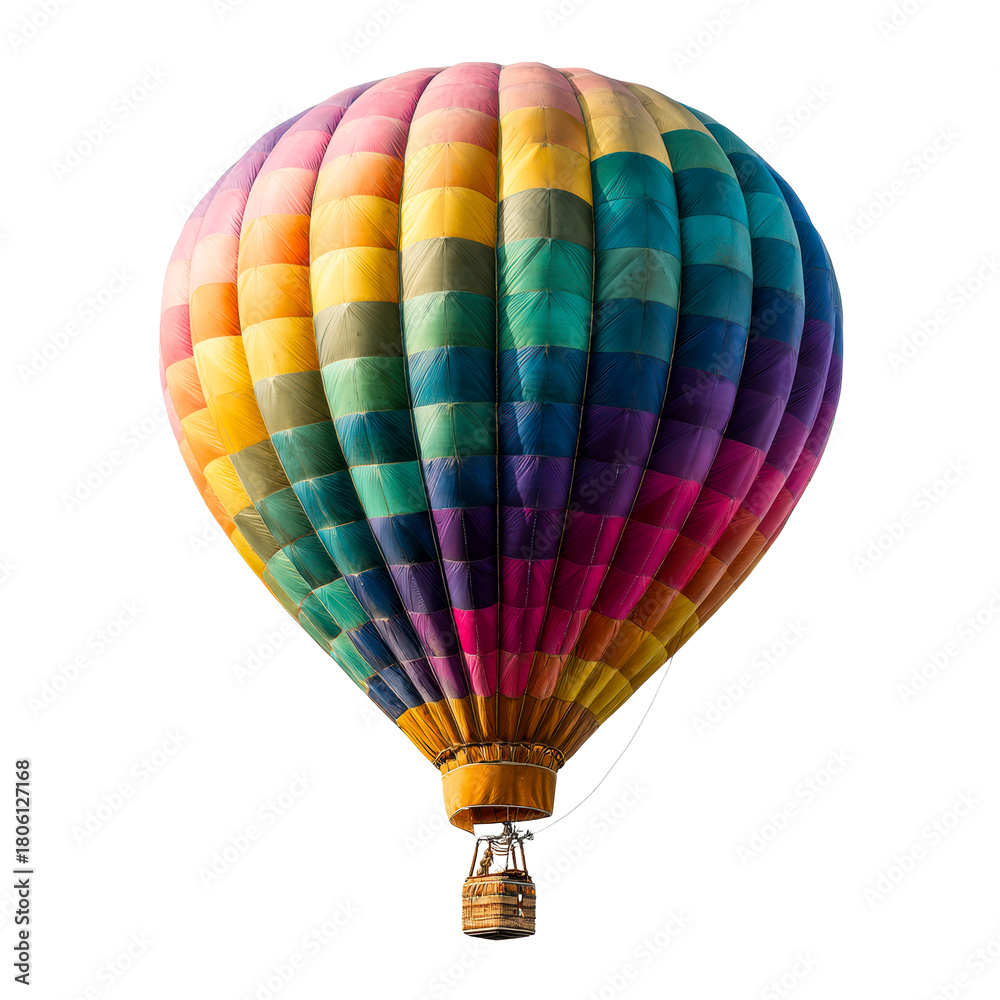 Fototapeta premium Colorful hot air balloon basket suspended against a white background on a transparent background, cut out