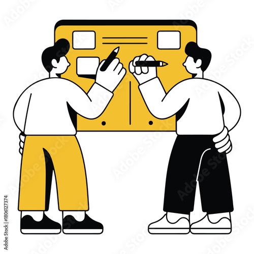 Vibrant cartoon illustration featuring two men actively collaborating, writing ideas on a bold black and yellow board, symbolizing teamwork and efficient project planning