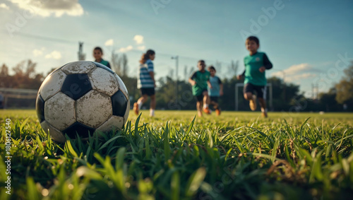 Youth soccer passion: ball in focus, kids playing on grassy field