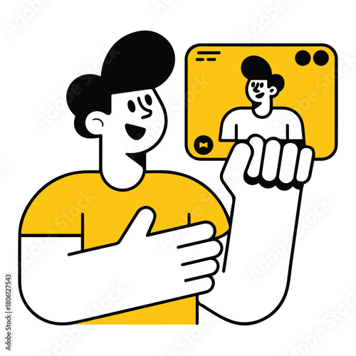 Dynamic cartoon illustration in black and yellow showcasing a cheerful person engaged in a virtual video call, symbolizing effective online communication and remote collaboration