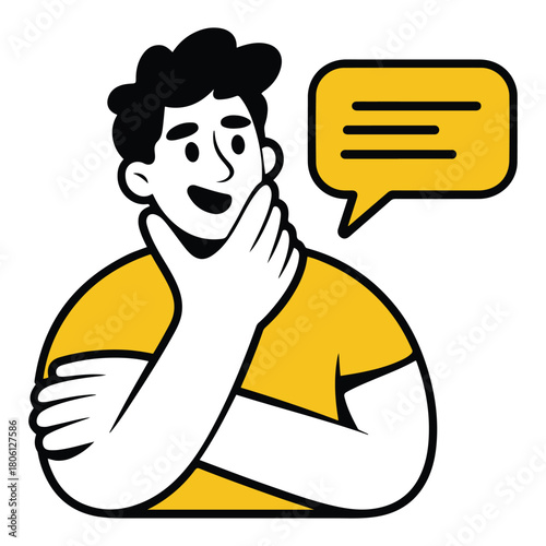 Thoughtful cartoon man in black and yellow contemplating an idea with a speech bubble, representing discussion and problem-solving