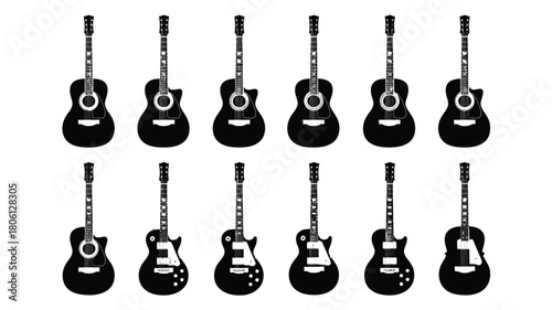 Collection of guitar silhouettes acoustic and electric guitars in black vector musical instrument icons for music store or lessons