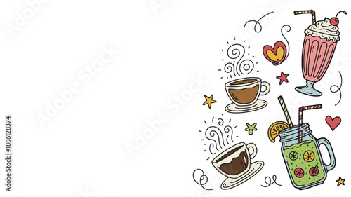 Hand-drawn coffee and drinks illustration including coffee cups milkshake and smoothie vector doodle for menu design and decoration