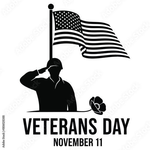 A silhouetted soldier saluting beneath a waving american flag for veterans day