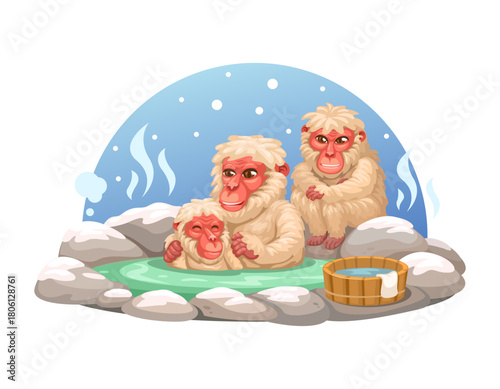 Playful Monkeys Bathing in a Hot Spring. Winter Retreat Illustration Vector