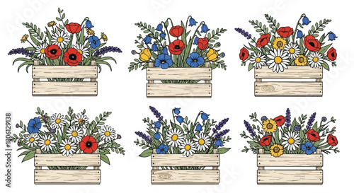 Seamless Repeating Pattern of Wildflowers and Lavender in Rustic Wooden Crates Vector Illustration