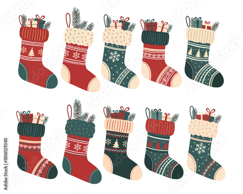 Christmas Stockings Collection with Gifts and Holiday Decorations Illustration