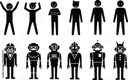 Human and robot icons set, stick figure people, retro cyborg collection, artificial intelligence concept, black vector illustration, futuristic character design, isolated on white
