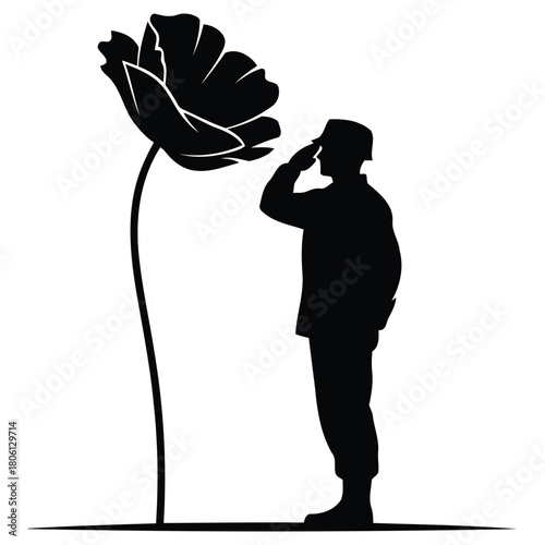 A soldier in silhouette salutes a large flower a symbol of remembrance