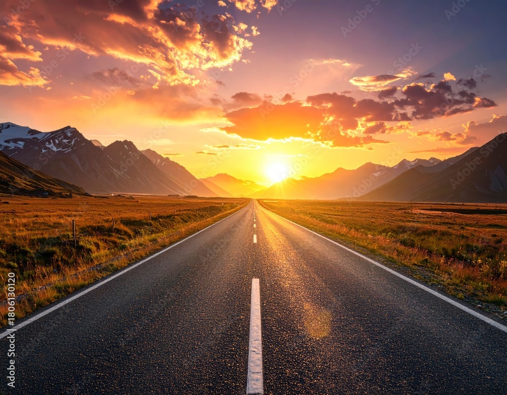 Fototapeta premium Road to the Horizon - A Journey into the Sunsets Embrace.