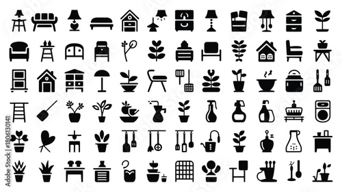 Set of furniture and home decor icons simple glyph vector design elements isolated on white background for web and mobile apps