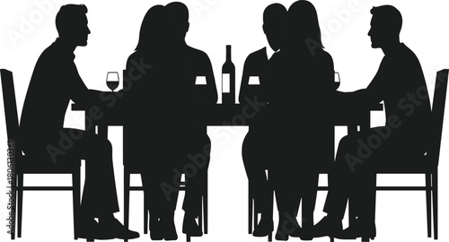 Silhouette dinner gathering, people at table, wine bottle, social interaction, dining scene, black vector art, conversation, restaurant illustration