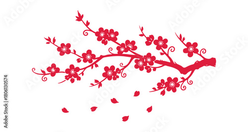 Hand-drawn sakura blossom set in traditional Japanese or Chinese ink style.