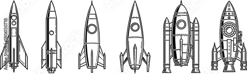 Set of black and white vector rocket ship illustrations, retro sci-fi space launch vehicle icons, vintage spacecraft design elements collection, isolated