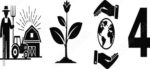 Sustainable development icons, agriculture, environment, global care, plant growth, eco protection, black vector art, SDG concept, minimal design, nature