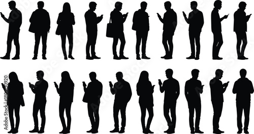 Set of people silhouettes using smartphones standing in line, men and women holding mobile phones, black vector figures isolated on white background