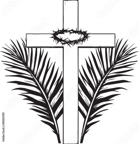 Christian cross with crown of thorns and palm fronds in black and white symbolic line illustration